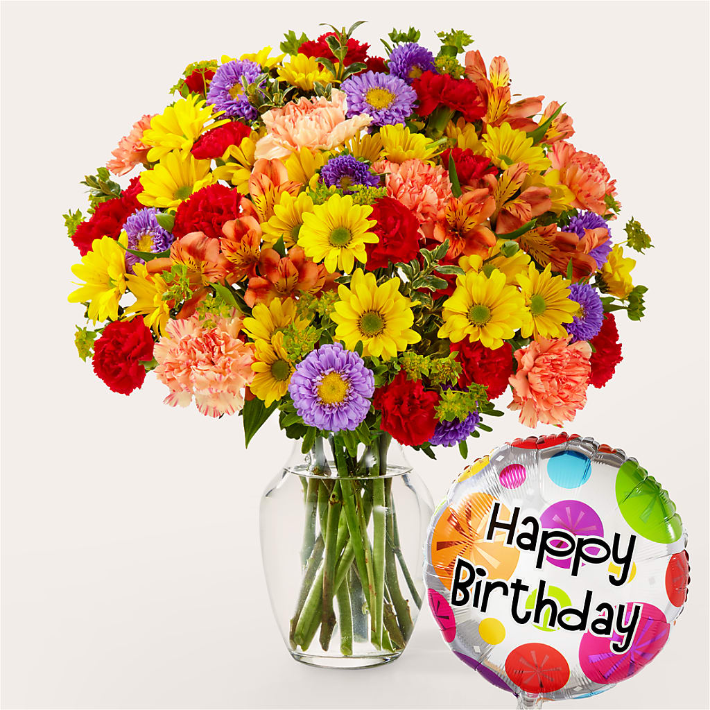 Kaleidoscope Bouquet with Birthday Balloon – KENDRA'S FLORAL KREATIONS, Indianapolis IN