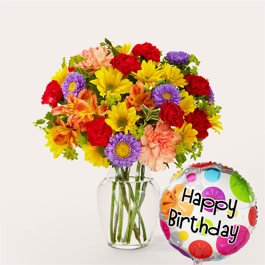 Kaleidoscope Bouquet with Birthday Balloon – KENDRA'S FLORAL KREATIONS, Indianapolis IN