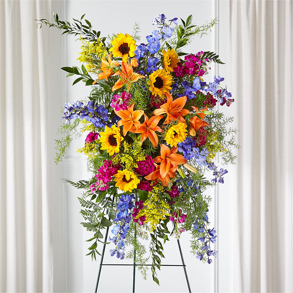 Sunlit Memories Standing Spray (Standard) – KENDRA'S FLORAL KREATIONS, Indianapolis IN
