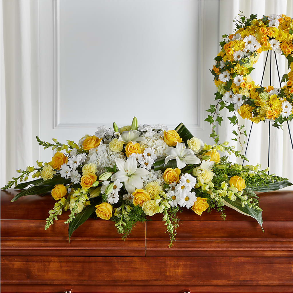 Golden Harmony Casket Spray – KENDRA'S FLORAL KREATIONS, Indianapolis IN