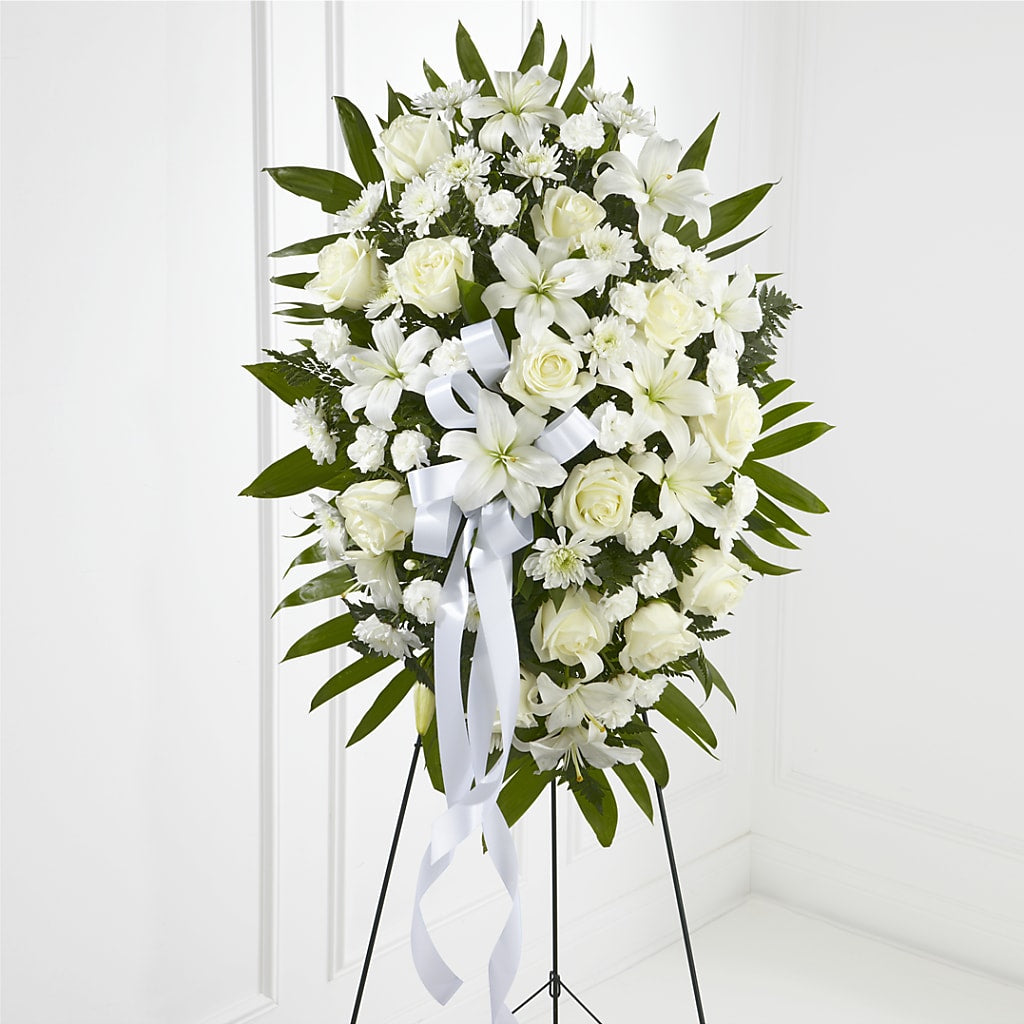 Exquisite Tribute Standing Spray-White Ribbon – KENDRA'S FLORAL KREATIONS, Indianapolis IN